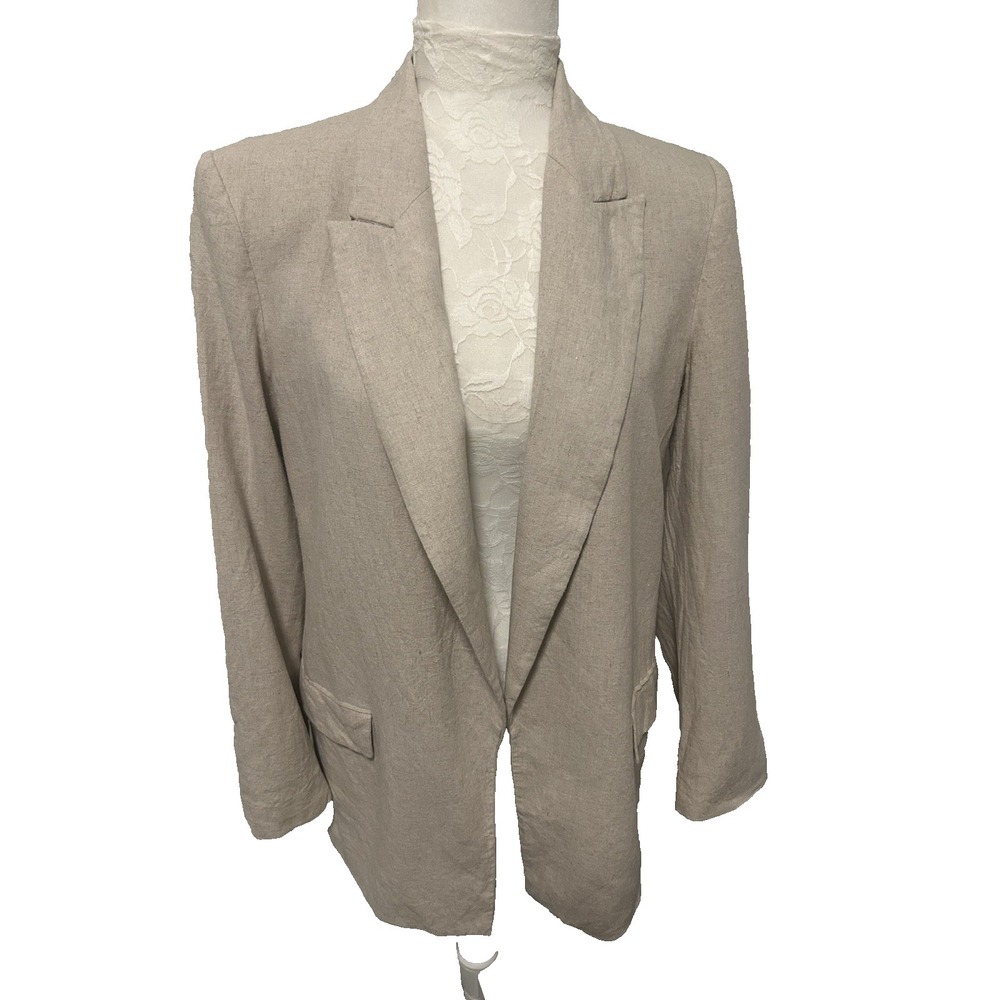 Zara Linen Lk Blazer Jacket Beige Open Front Minimalist Workwear Sz S Oversized
